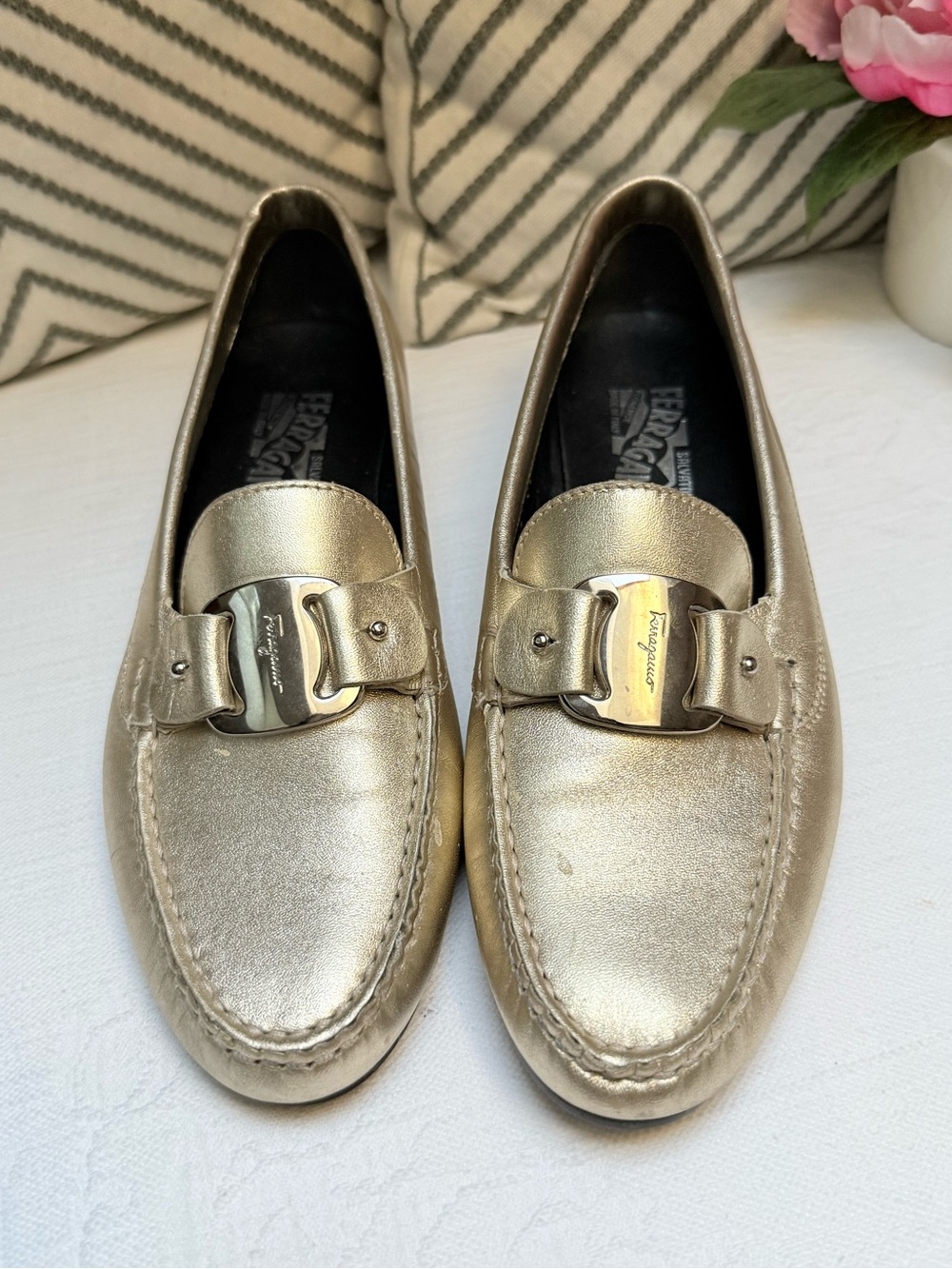Salvatore Ferragamo Metallic Gold Leather Gancini Loafers, Size 7.5 A